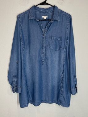 J. Jill Chambray Tunic Shirt Top Women's L Blue Roll Tab Sleeve Pockets
